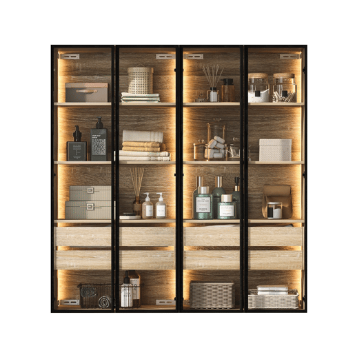 Conjunto de 2 armários de casa de banho 73 cm - Com luz, 2 gavetas grandes, 2 portas, porta de vidro - Natural