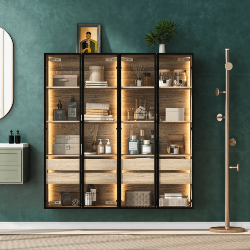 Conjunto de 2 armários de casa de banho 73 cm - Com luz, 2 gavetas grandes, 2 portas, porta de vidro - Natural