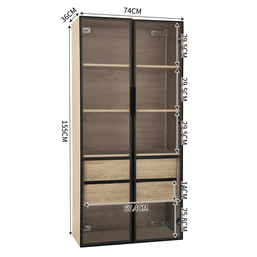 Conjunto de 2 armários de casa de banho 73 cm - Com luz, 2 gavetas grandes, 2 portas, porta de vidro - Natural