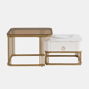 Mesa de centro empilhável - acabamento alto brilho efeito mármore, tampo de vidro castanho, detalhes dourados e gavetas, conjunto de 2 peças