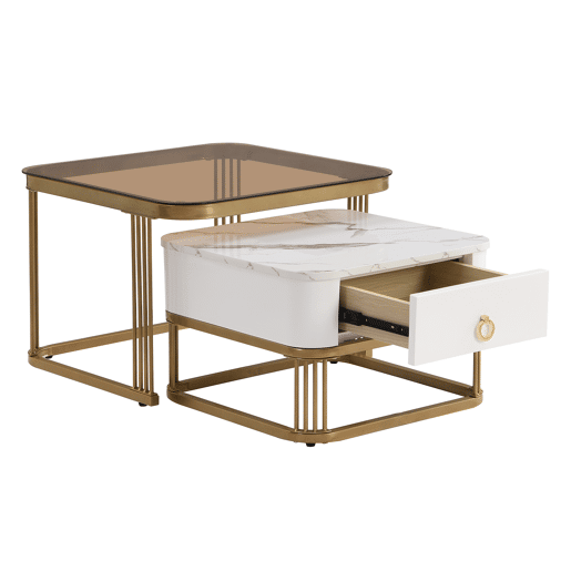 Mesa de centro empilhável - acabamento alto brilho efeito mármore, tampo de vidro castanho, detalhes dourados e gavetas, conjunto de 2 peças