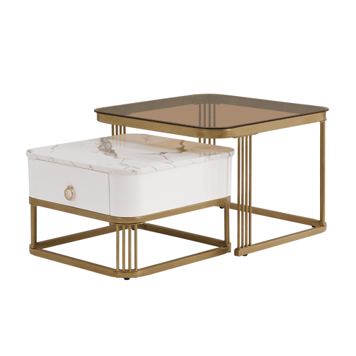 Mesa de centro empilhável - acabamento alto brilho efeito mármore, tampo de vidro castanho, detalhes dourados e gavetas, conjunto de 2 peças