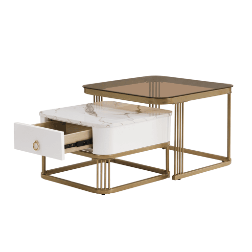 Mesa de centro empilhável - acabamento alto brilho efeito mármore, tampo de vidro castanho, detalhes dourados e gavetas, conjunto de 2 peças