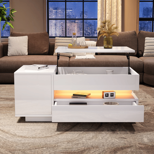 Mesa de centro elevável 95x50x40 cm - com LED, 1 gaveta, 1 armário, arrumação oculta - Branco