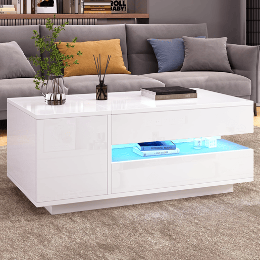 Mesa de centro elevável 95x50x40 cm - com LED, 1 gaveta, 1 armário, arrumação oculta - Branco