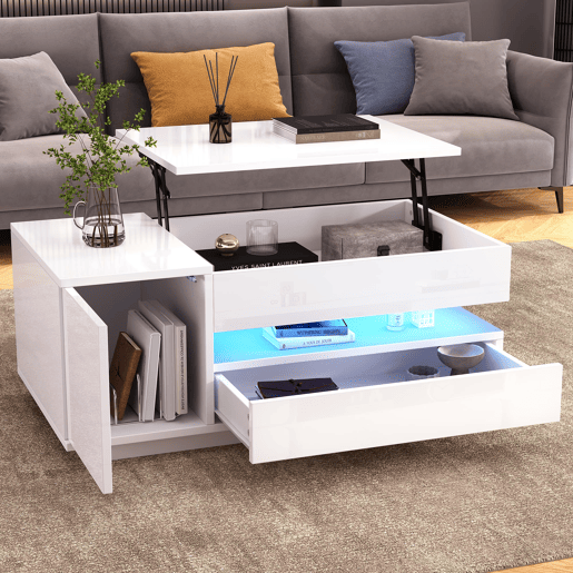 Mesa de centro elevável 95x50x40 cm - com LED, 1 gaveta, 1 armário, arrumação oculta - Branco