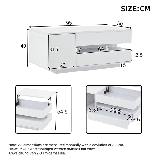 Mesa de centro elevável 95x50x40 cm - com LED, 1 gaveta, 1 armário, arrumação oculta - Branco