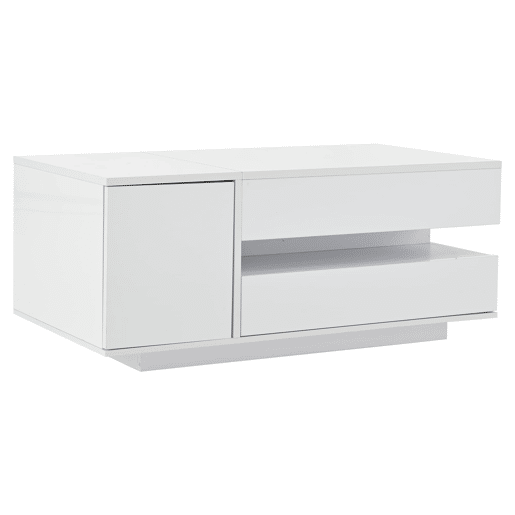 Mesa de centro elevável 95x50x40 cm - com LED, 1 gaveta, 1 armário, arrumação oculta - Branco