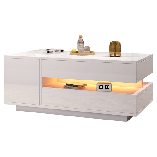 Mesa de centro elevável 95x50x40 cm - com LED, 1 gaveta, 1 armário, arrumação oculta - Branco