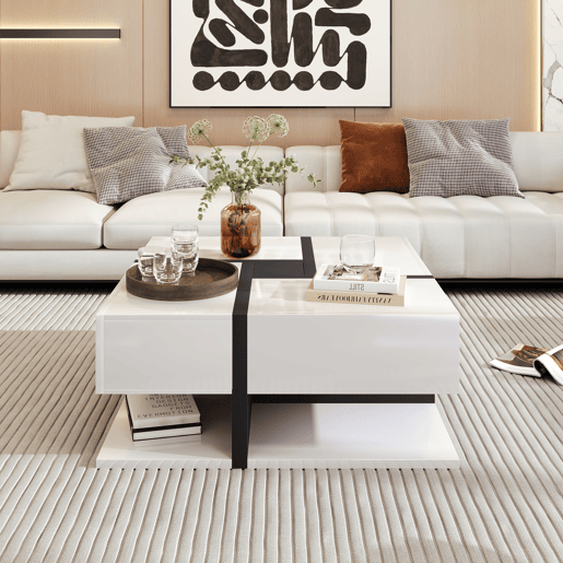 Mesa de centro 78x78x36 cm - alto brilho, 4 gavetas, design linear com combinação de cores e arrumação inferior