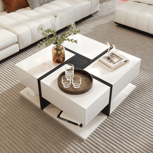 Mesa de centro 78x78x36 cm - alto brilho, 4 gavetas, design linear com combinação de cores e arrumação inferior