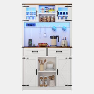 Aparador bar com LED - tomadas elétricas, 2 gavetas grandes, portas estilo celeiro e prateleiras ajustáveis, móvel de café rústico - branco