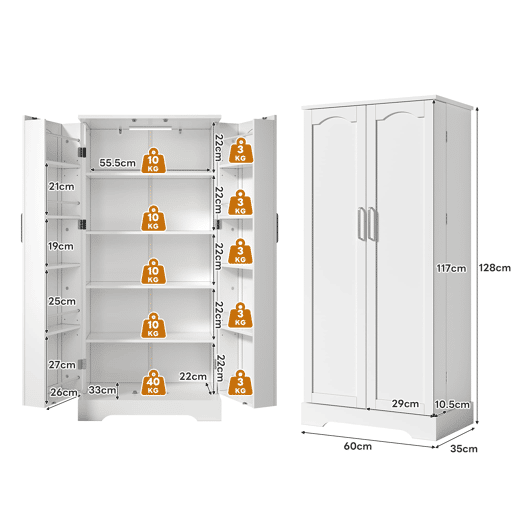 Aparador 60x35x128 cm - Multifuncional com LED, prateleiras ajustáveis, portas com arrumação - Branco