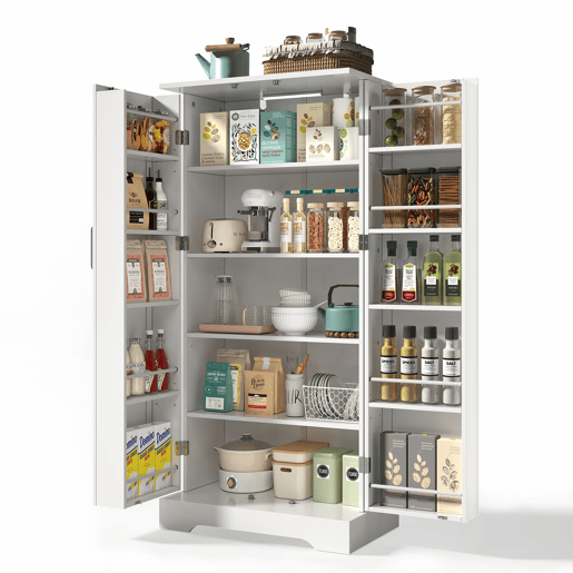 Aparador 60x35x128 cm - Multifuncional com LED, prateleiras ajustáveis, portas com arrumação - Branco