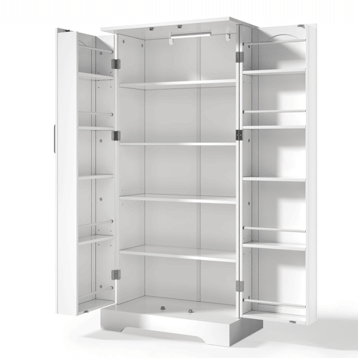 Aparador 60x35x128 cm - Multifuncional com LED, prateleiras ajustáveis, portas com arrumação - Branco