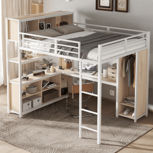 Cama alta de ferro 140x200 cm - com secretária, arrumação dupla debaixo da secretária, cama superior com espaço de arrumação e armário - branconatural