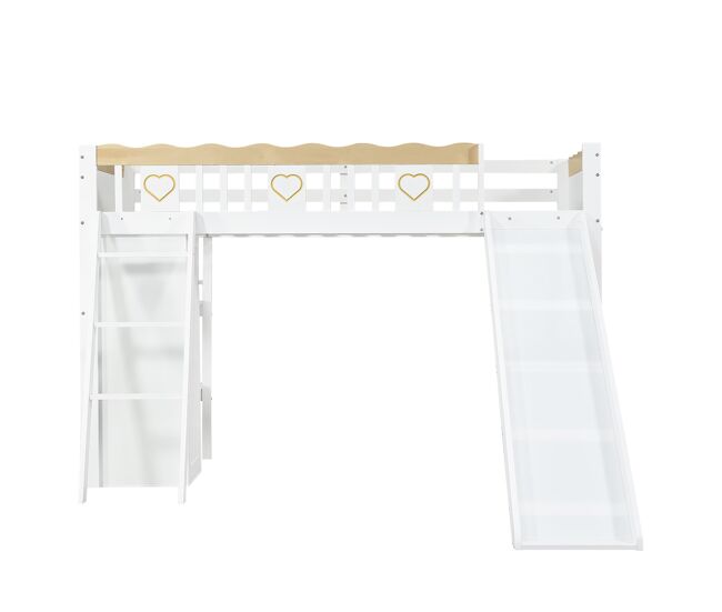 Cama alta infantil 90x200 cm - con tobogán, armario, mueble de almacenamiento bajo la cama y barandilla perimetral decorativa - blanco/natural