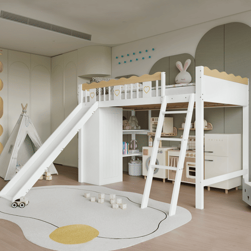 Cama alta infantil 90x200 cm - com escorrega, roupeiro, espaço de arrumação por baixo da cama e grade decorativa perimetral - branconatural