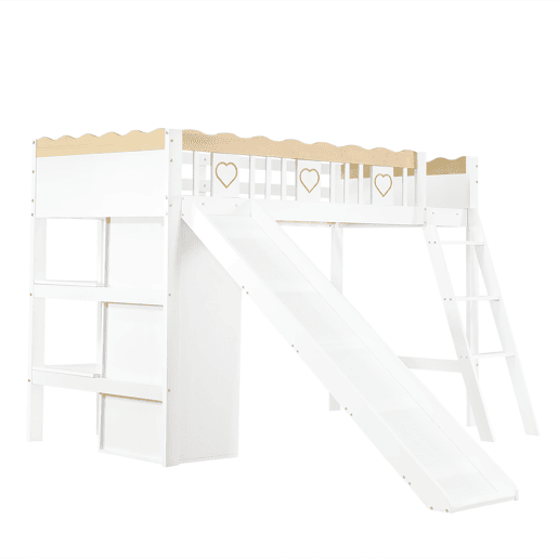 Cama alta infantil 90x200 cm - com escorrega, roupeiro, espaço de arrumação por baixo da cama e grade decorativa perimetral - branconatural