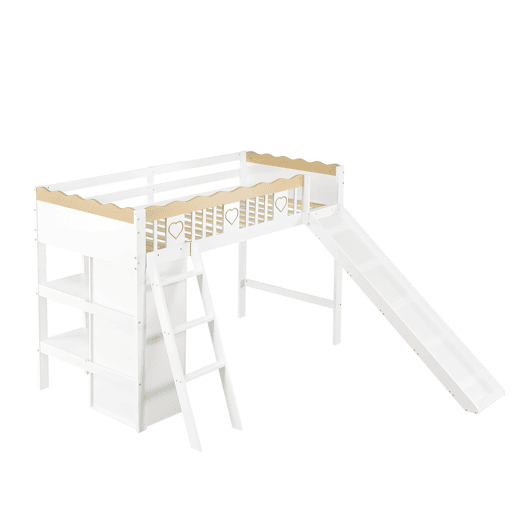 Cama alta infantil 90x200 cm - com escorrega, roupeiro, espaço de arrumação por baixo da cama e grade decorativa perimetral - branconatural