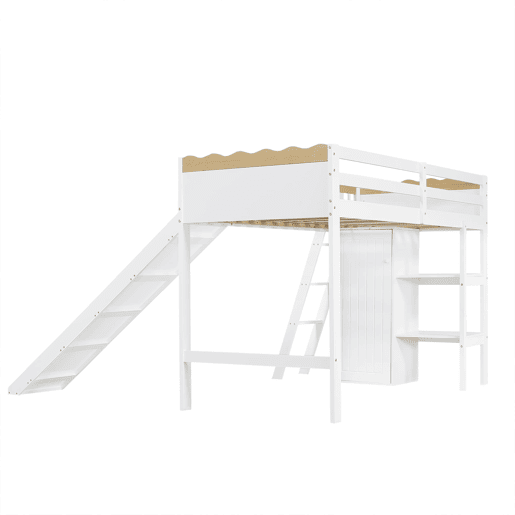 Cama alta infantil 90x200 cm - com escorrega, roupeiro, espaço de arrumação por baixo da cama e grade decorativa perimetral - branconatural