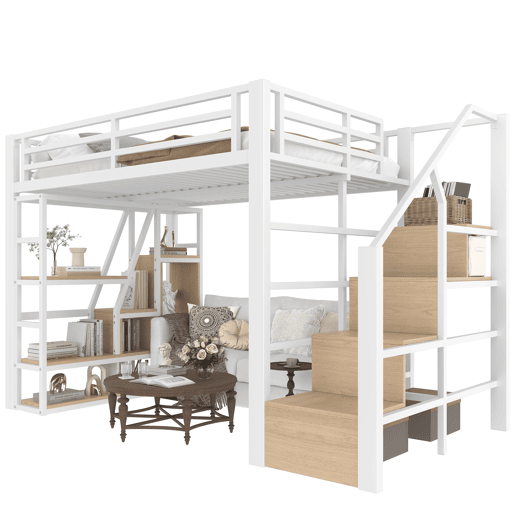 Cama alta de metal 140x200 cm - prateleira, degraus integrados, corrimão de segurança, escada, faixa LED e espaço aberto inferior - branco