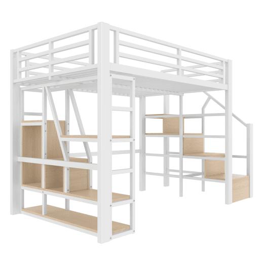 Cama alta de metal 140x200 cm - prateleira, degraus integrados, corrimão de segurança, escada, faixa LED e espaço aberto inferior - branco