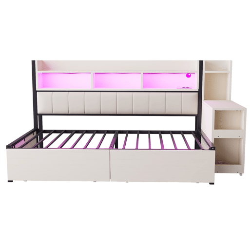 Cama de ferro 90x200 cm - com arrumação, gavetas, secretária extraível, tomadas e LED - branca