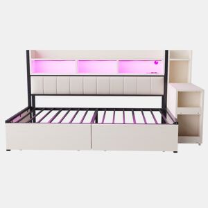 Cama de ferro 90x200 cm - com arrumação, gavetas, secretária extraível, tomadas e LED - branca