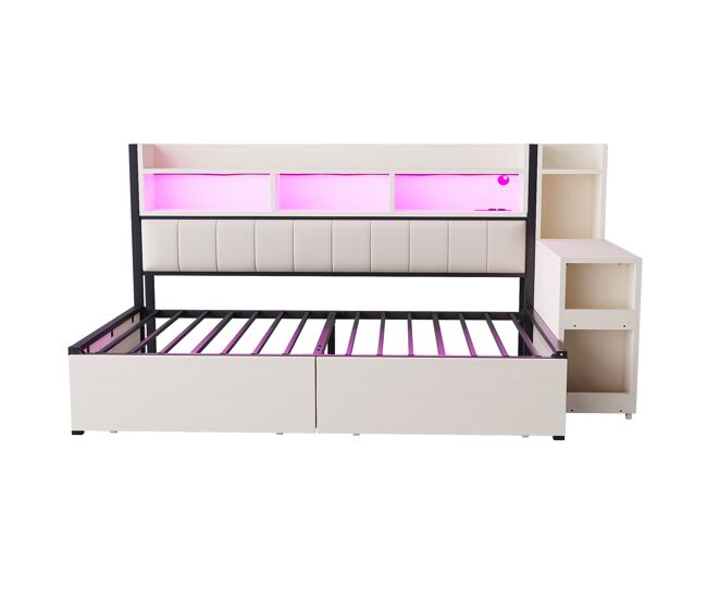 Cama de hierro 90x200 cm - con almacenamiento, cajones, escritorio extraíble, enchufes y led - blanca
