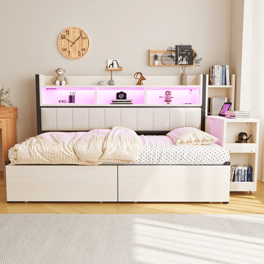 Cama de ferro 90x200 cm - com arrumação, gavetas, secretária extraível, tomadas e LED - branca