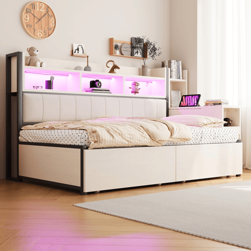 Cama de ferro 90x200 cm - com arrumação, gavetas, secretária extraível, tomadas e LED - branca