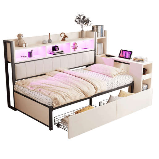 Cama de ferro 90x200 cm - com arrumação, gavetas, secretária extraível, tomadas e LED - branca