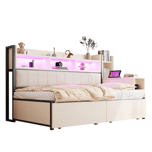 Cama de ferro 90x200 cm - com arrumação, gavetas, secretária extraível, tomadas e LED - branca