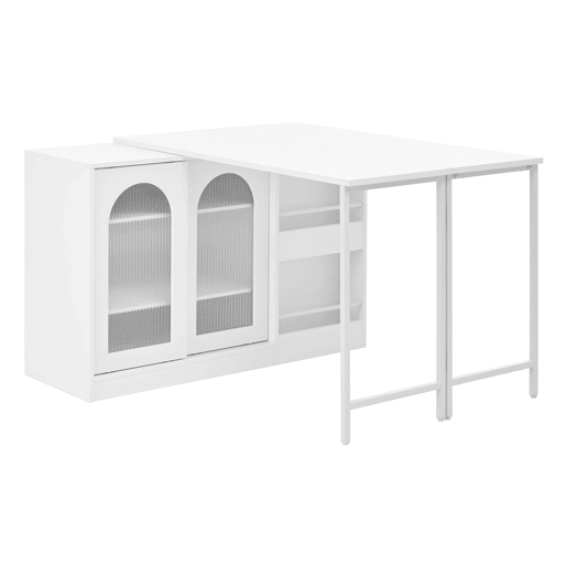 Mesa de bar moderna giratória 360° - Mesa extensível com arrumação e porta de vidro - Branco
