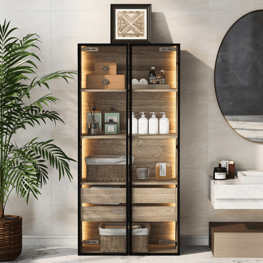 Armário de casa de banho 73 cm - Com luz, 2 gavetas grandes e 2 portas de vidro - Natural