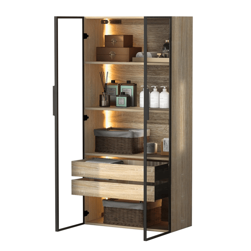 Armário de casa de banho 73 cm - Com luz, 2 gavetas grandes e 2 portas de vidro - Natural