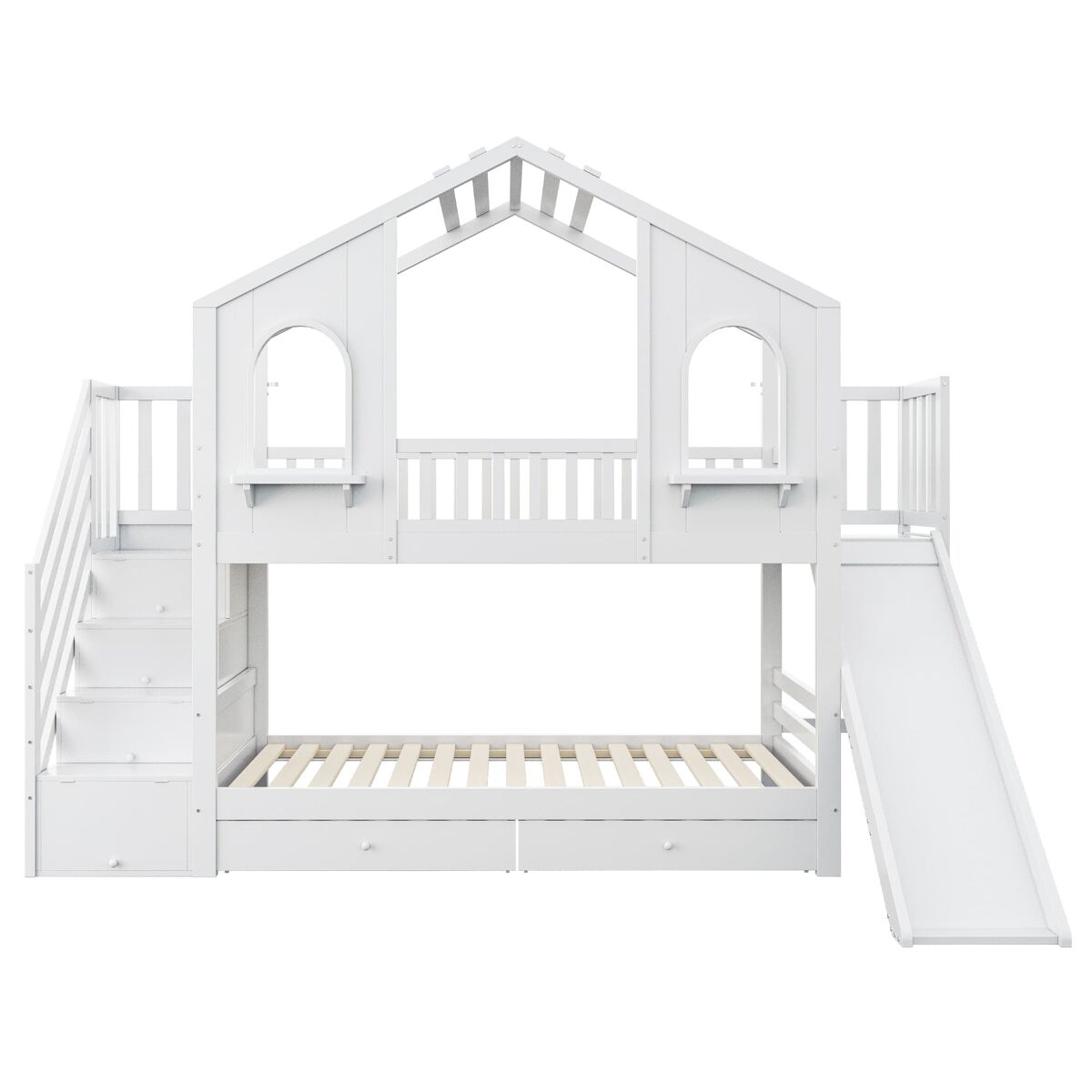 Cama litera infantil 90 x 200 cm - casa con ventanas curvas, escalera de almacenamiento y tobogán, blanco