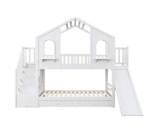 Cama litera infantil 90 x 200 cm - casa con ventanas curvas, escalera de almacenamiento y tobogán, blanco