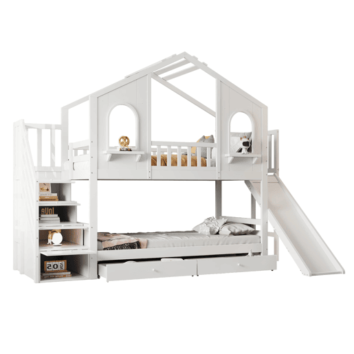 Beliche infantil 90 x 200 cm - Casa com janelas curvas, escada de arrumação e escorrega, branco