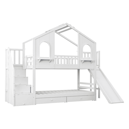 Beliche infantil 90 x 200 cm - Casa com janelas curvas, escada de arrumação e escorrega, branco