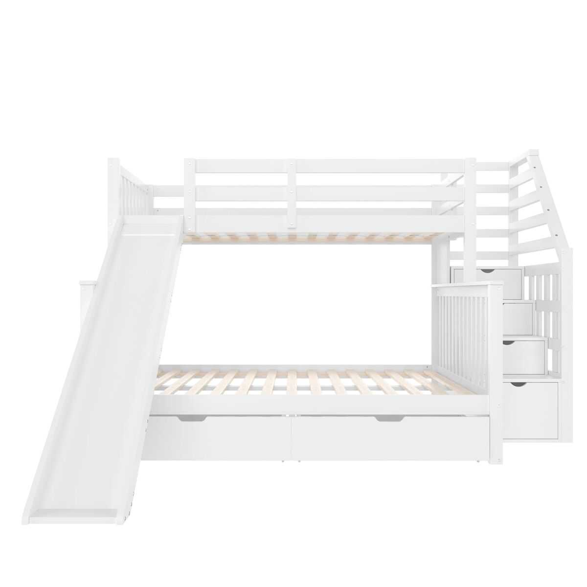 Cama literas 90x200 sobre 140x200 - con cajones, almacenamiento y tobogán - blanco