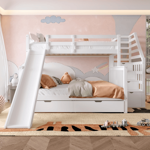 Cama beliche 90x200 sobre 140x200 - com gavetas, arrumação e escorregador - branco
