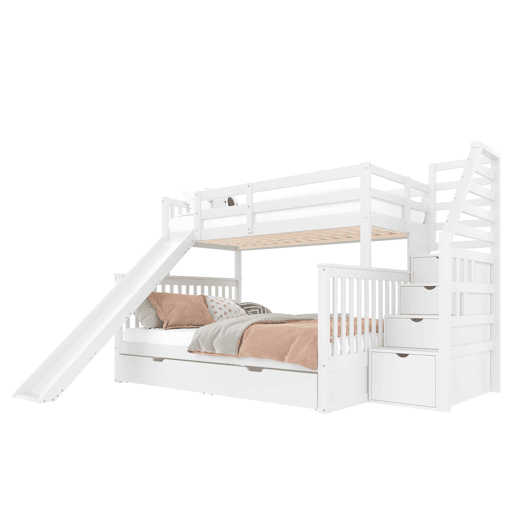 Cama beliche 90x200 sobre 140x200 - com gavetas, arrumação e escorregador - branco