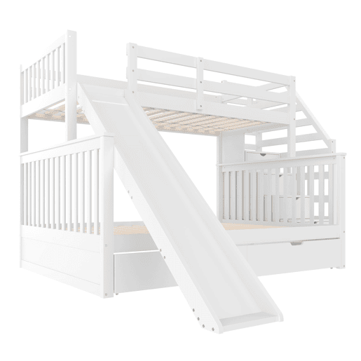 Cama beliche 90x200 sobre 140x200 - com gavetas, arrumação e escorregador - branco
