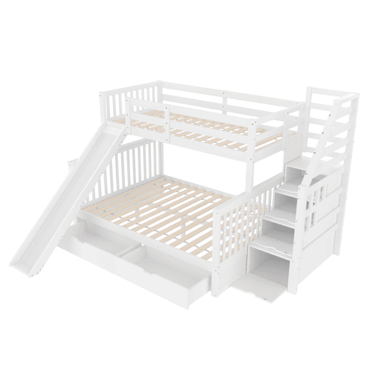 Cama beliche 90x200 sobre 140x200 - com gavetas, arrumação e escorregador - branco