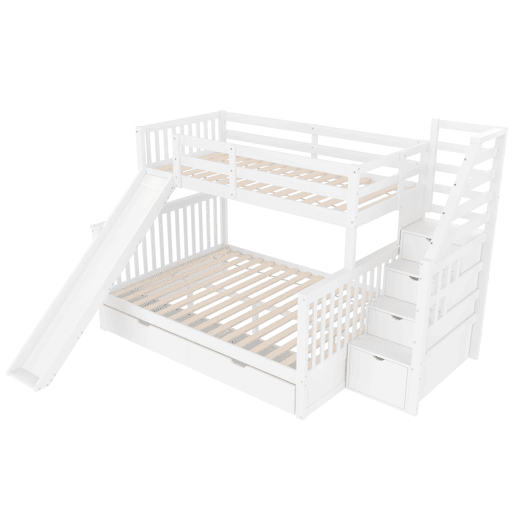 Cama beliche 90x200 sobre 140x200 - com gavetas, arrumação e escorregador - branco
