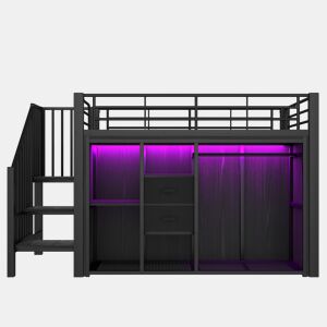 Cama infantil semi alta 90x200 cm - 2 gavetas, armário aberto, iluminação LED multicolorida e vários compartimentos - preto