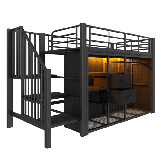 Cama infantil semi alta 90x200 cm - 2 gavetas, armário aberto, iluminação LED multicolorida e vários compartimentos - preto