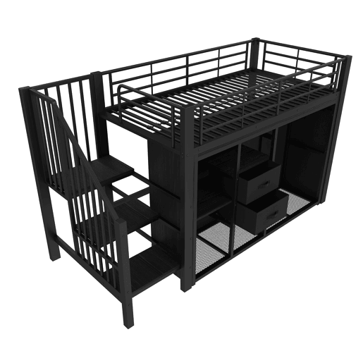 Cama infantil semi alta 90x200 cm - 2 gavetas, armário aberto, iluminação LED multicolorida e vários compartimentos - preto